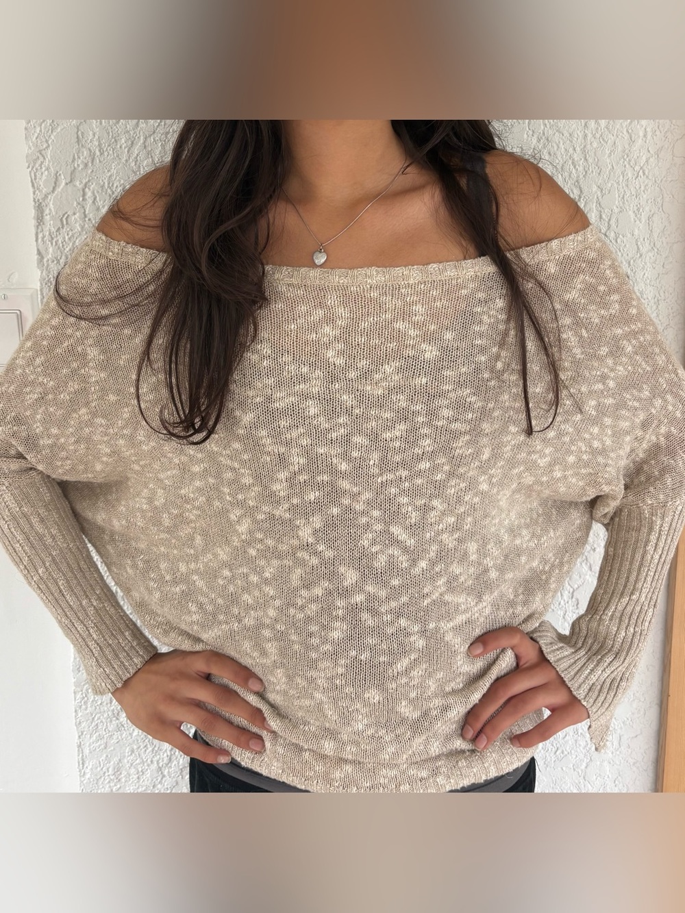 2000s Guess Off-the-Shoulder Gold Beige Slouchy Sweater